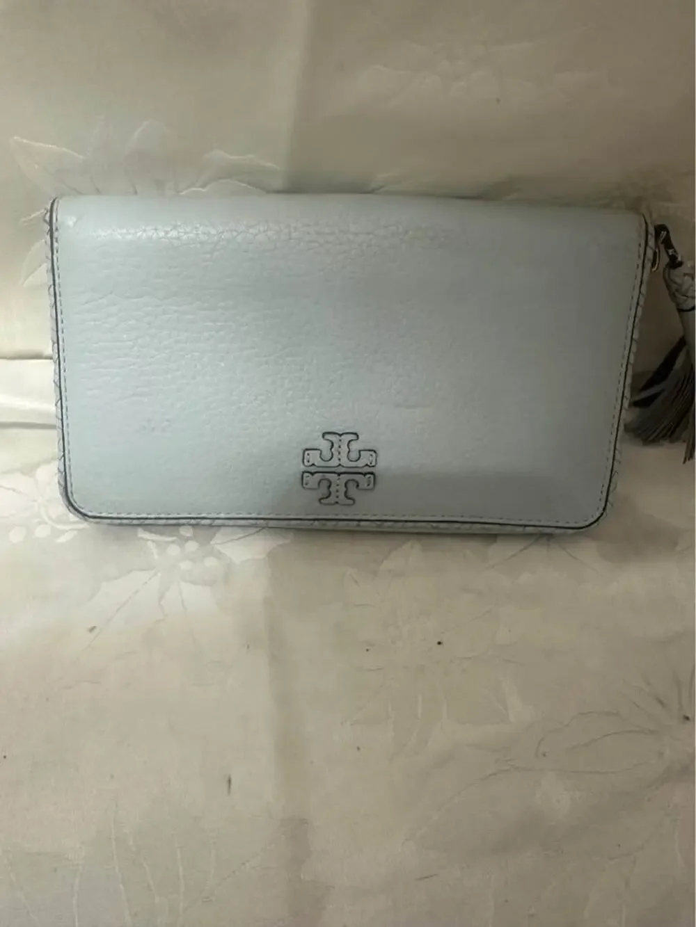 Pre-loved Tory Burch Pale Blue Pebbled Leather Continental Wallet. B-302